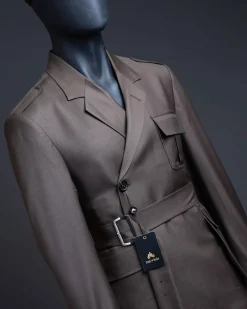 A monochrome “06-06-1944 – D-Day” Coffee brown, notch lapel, 2 button combat wrap suit