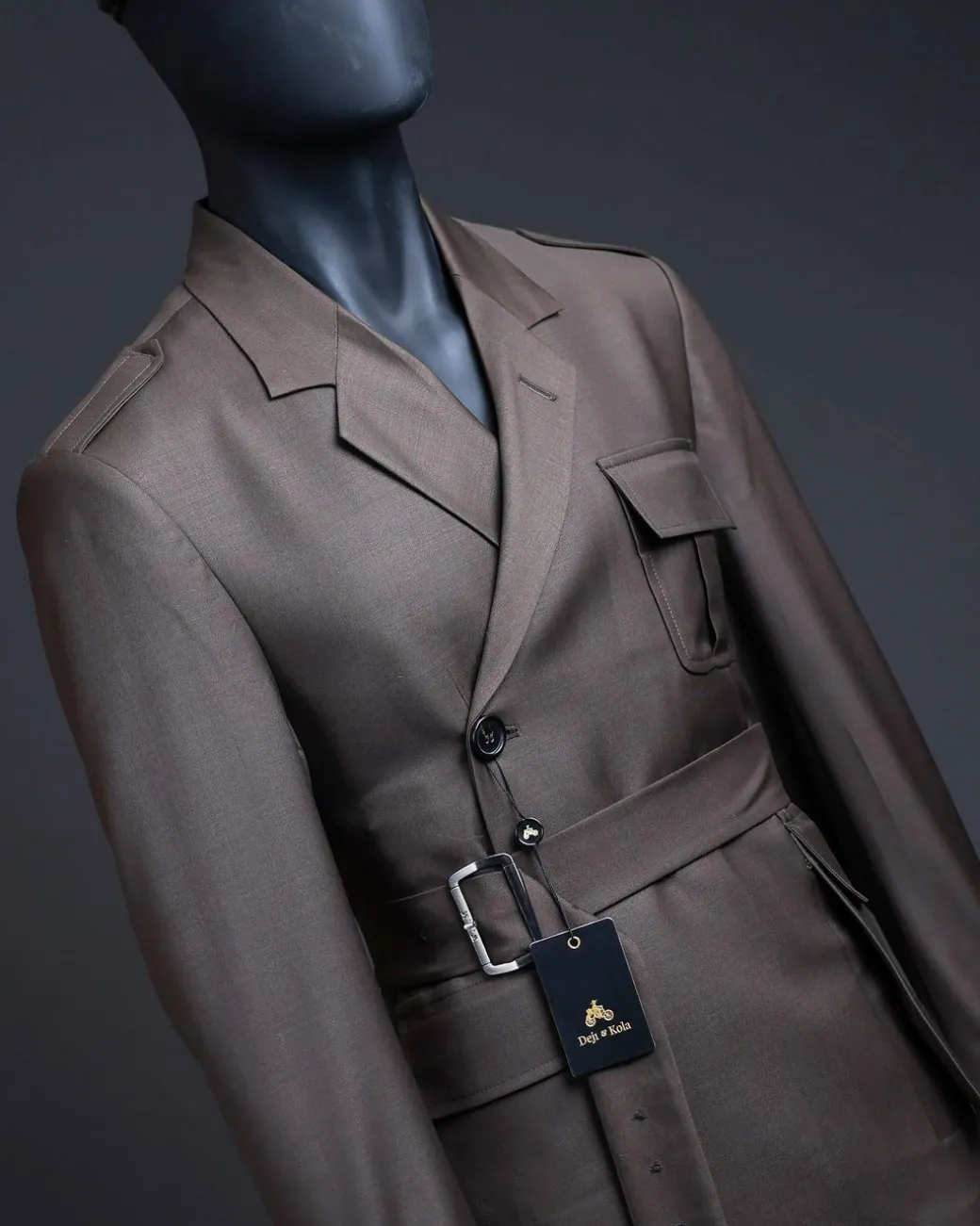 A monochrome “06-06-1944 – D-Day” Coffee brown, notch lapel, 2 button combat wrap suit