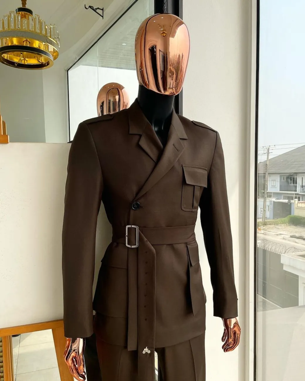 A monochrome “06-06-1944 – D-Day” Coffee brown, notch lapel, 2 button combat wrap suit