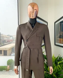 A monochrome “06-06-1944 – D-Day” Coffee brown, notch lapel, 2 button combat wrap suit