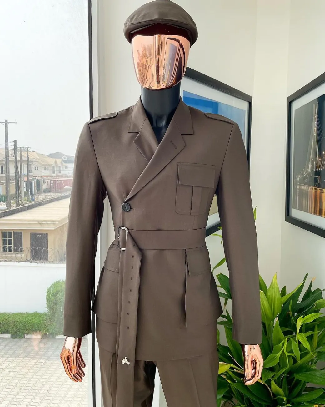 A monochrome “06-06-1944 – D-Day” Coffee brown, notch lapel, 2 button combat wrap suit