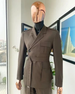 A monochrome “06-06-1944 – D-Day” Coffee brown, notch lapel, 2 button combat wrap suit