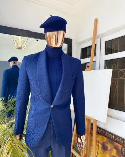 A Monochrome Blue Jacquard Tuxedo Suit