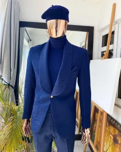 A Monochrome Blue Jacquard Tuxedo Suit