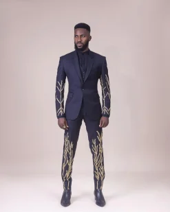 A Monochrome Charcoal black “Chadwick” metallic gold wire embroidery suit
