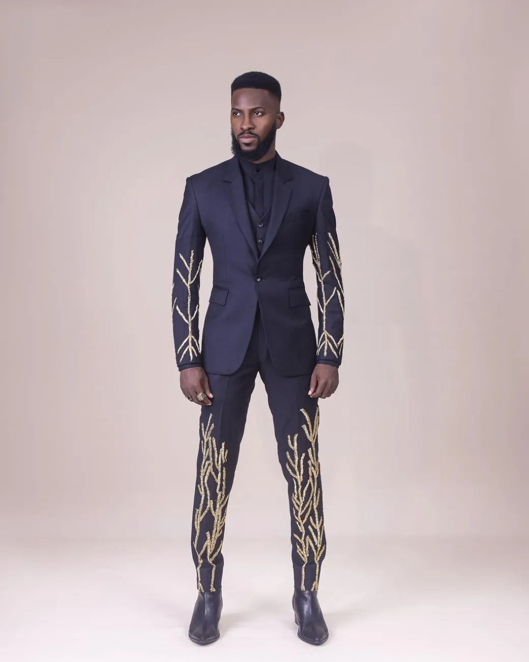 A Monochrome Charcoal black “Chadwick” metallic gold wire embroidery suit