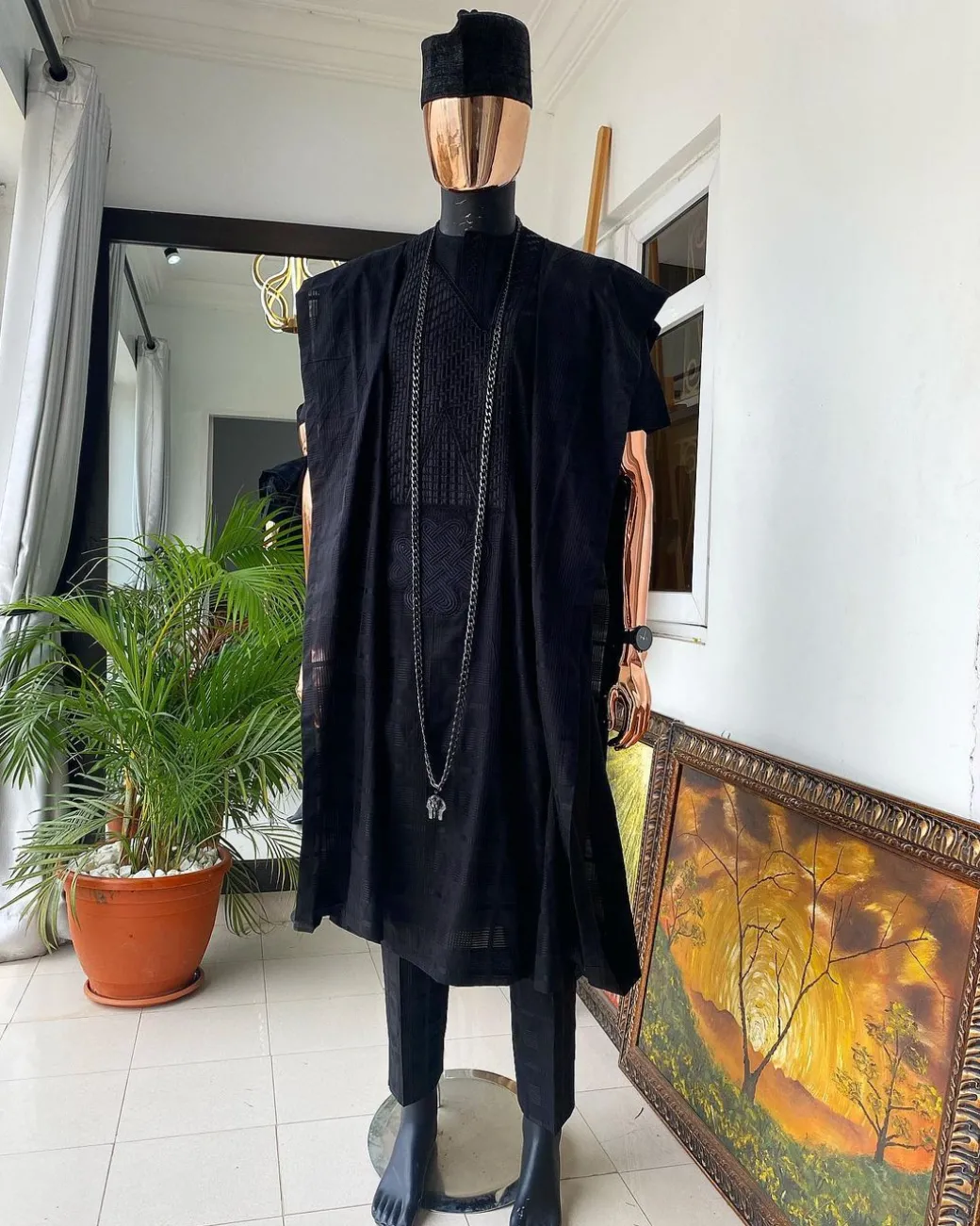 A Monochrome Charcoal black Voil connected embroidery Agbada