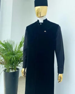 A monochrome Charcoal Black long senator kaftan, Soaked black premium velvet kimono with Swarovski button details, and matching velvet round cap
