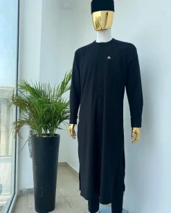 A monochrome Charcoal Black long senator kaftan