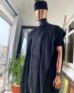 A Monochrome Charcoal black Voil connected embroidery Agbada