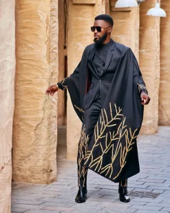 A Monochrome Charcoal black “Chadwick” metallic gold wire embroidery suit