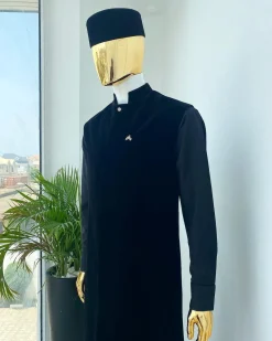 A monochrome Charcoal Black long senator kaftan, Soaked black premium velvet kimono with Swarovski button details, and matching velvet round cap
