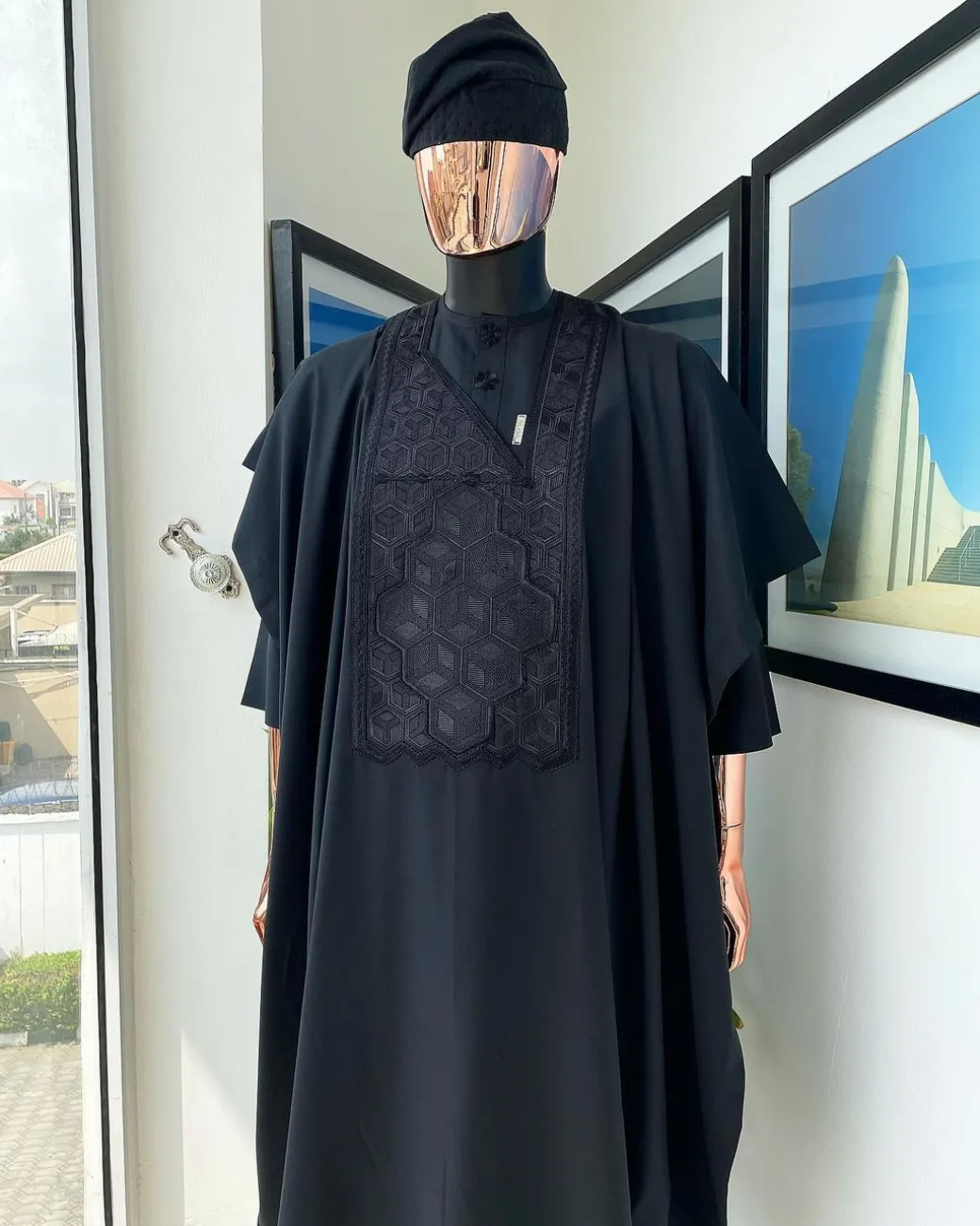 A Monochrome charcoal black precision 3D imagery embroidery Agbada