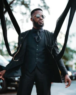A monochrome Charcoal black deconstructed double breasted jacket with flare