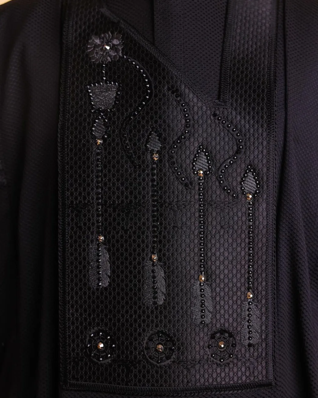 A Monochrome Charcoal Black, arrow & floral metallic wire embroidery design Swarovski stone details agbada