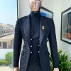 A Monochrome “Mandarin” dispersed floral charcoal all black peak lapel tuxedo jacquard suit.