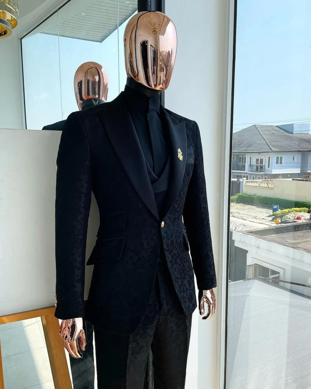 A Monochrome “Mandarin” dispersed floral charcoal all black peak lapel tuxedo jacquard suit.