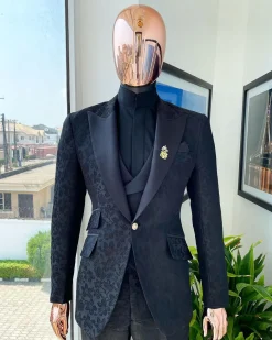 A Monochrome “Mandarin” dispersed floral charcoal all black peak lapel tuxedo jacquard suit.