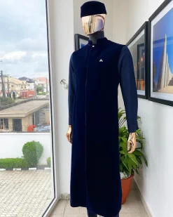 A monochrome Midnight blue long senator kaftan, Soaked premium velvet kimono