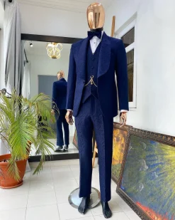 A Monochrome Navy Blue Jacquard Tuxedo Suit.