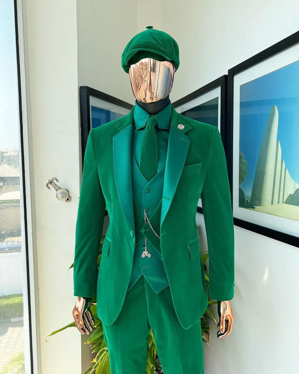 A Monochrome “Peaky Blinders” Cadmium Green, Soaked Velvet Fabric, Knitted, Notch Lapel Suit