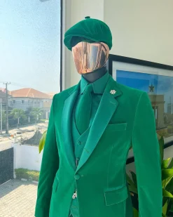A Monochrome “Peaky Blinders” Cadmium Green, Soaked Velvet Fabric, Knitted, Notch Lapel Suit