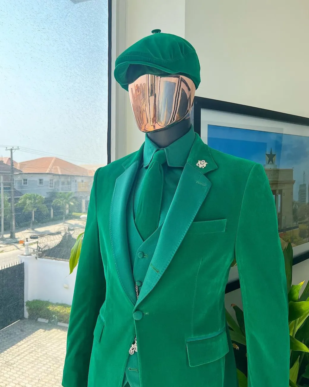 A Monochrome “Peaky Blinders” Cadmium Green, Soaked Velvet Fabric, Knitted, Notch Lapel Suit