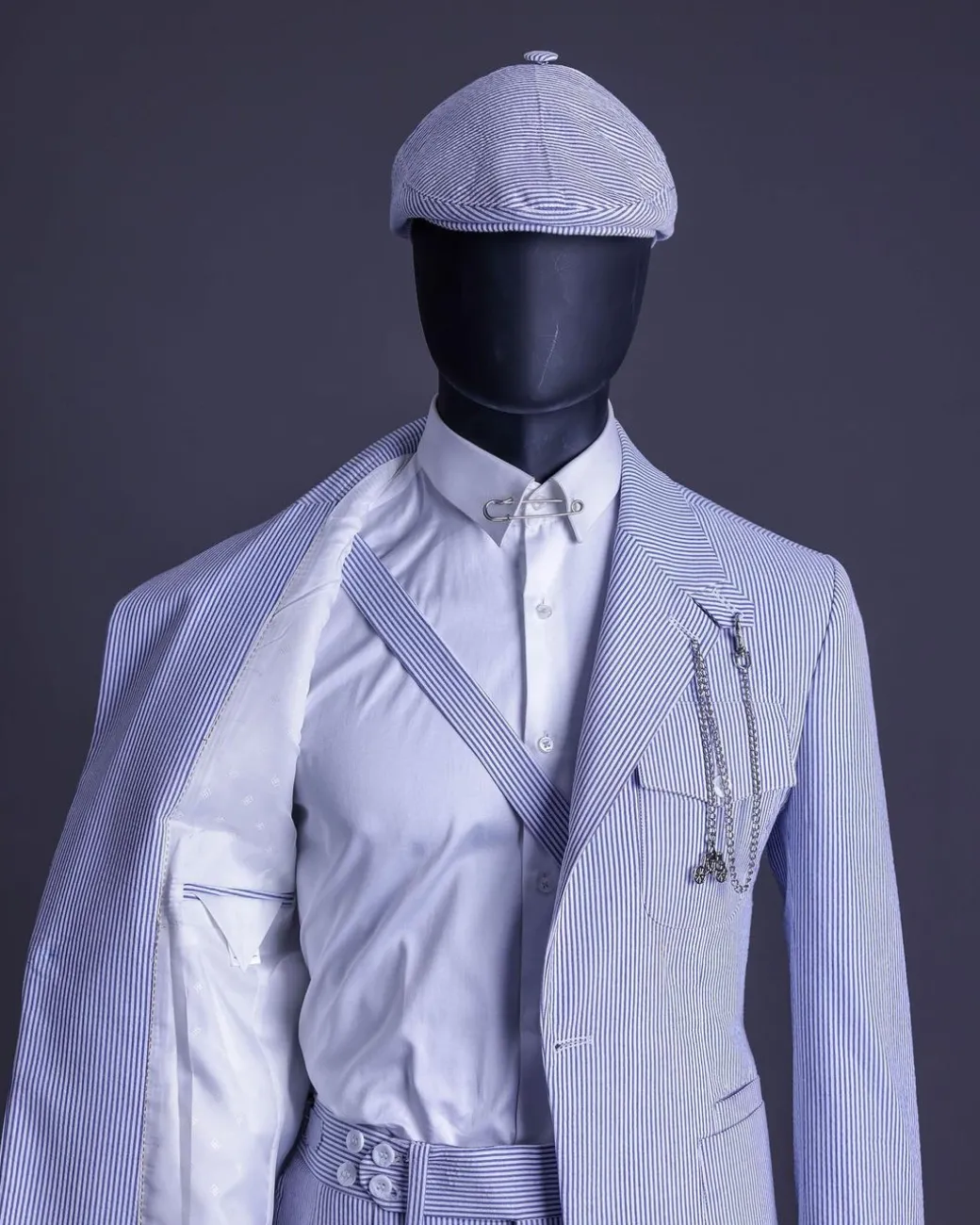 A Monochrome seersucker (rail road stripe) notch lapel suit