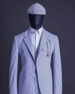 A Monochrome seersucker (rail road stripe) notch lapel suit