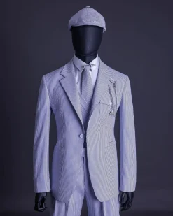 A monochrome seersucker (rail road stripe) notch lapel suit