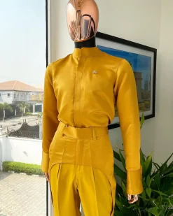 A monochrome Yellow “Made in Lagos” bishop neck shirt
