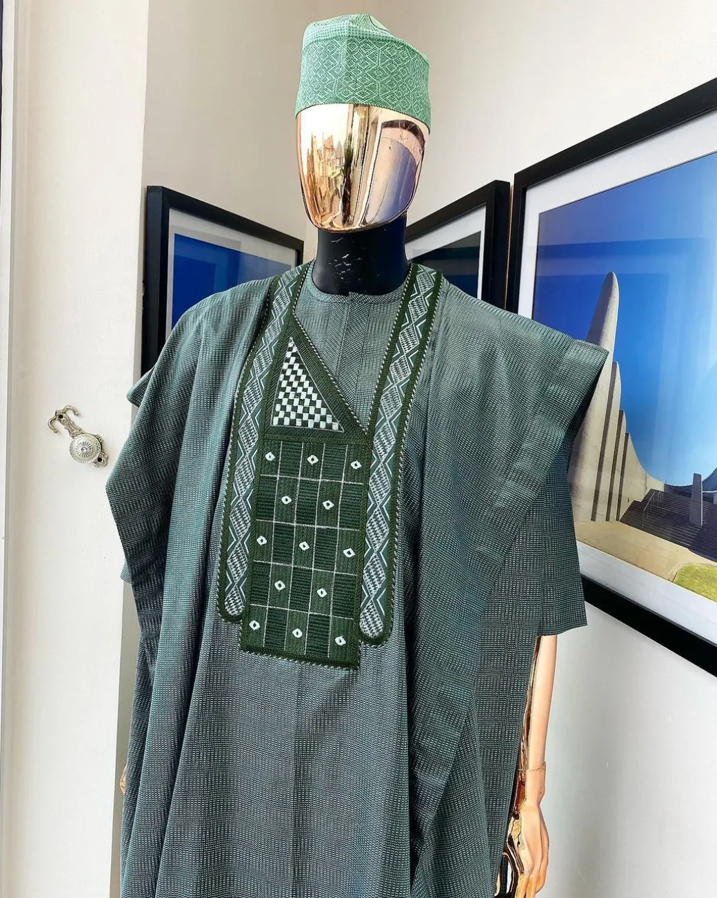 A Moss green, dotted rectangle embroidery detailed Agbada