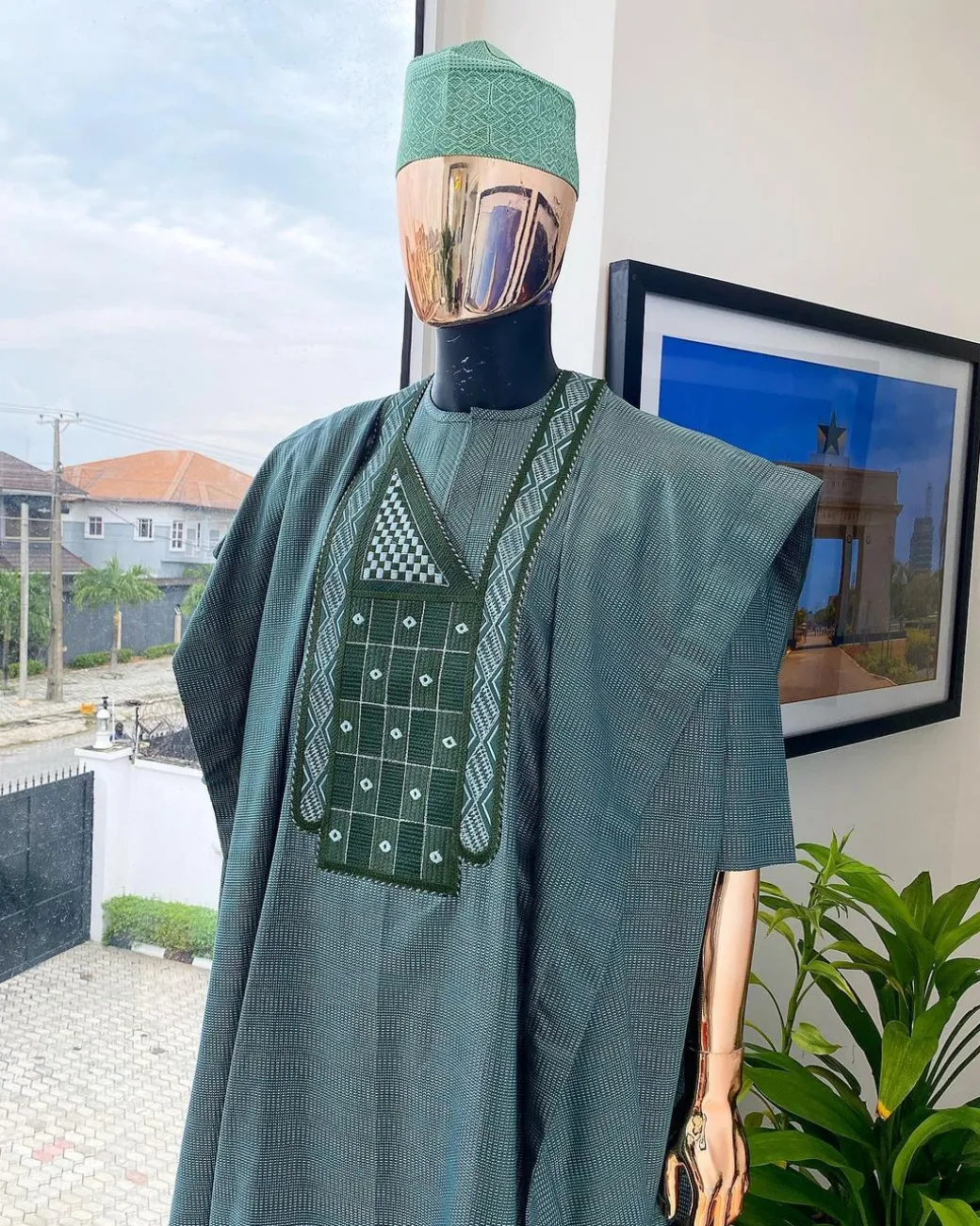 A Moss green, dotted rectangle embroidery detailed Agbada
