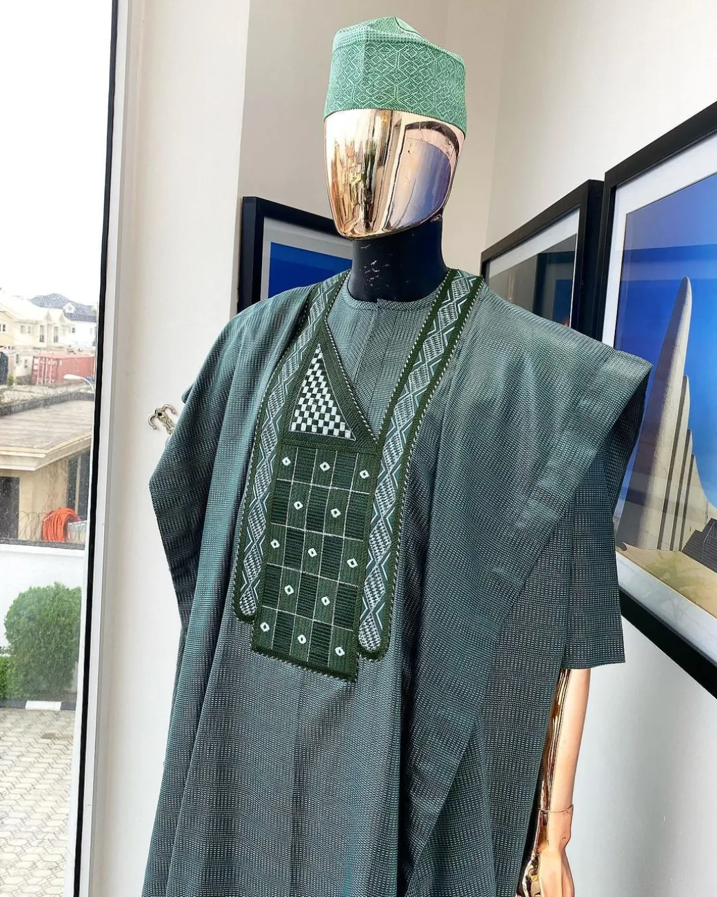 A Moss green, dotted rectangle embroidery detailed Agbada