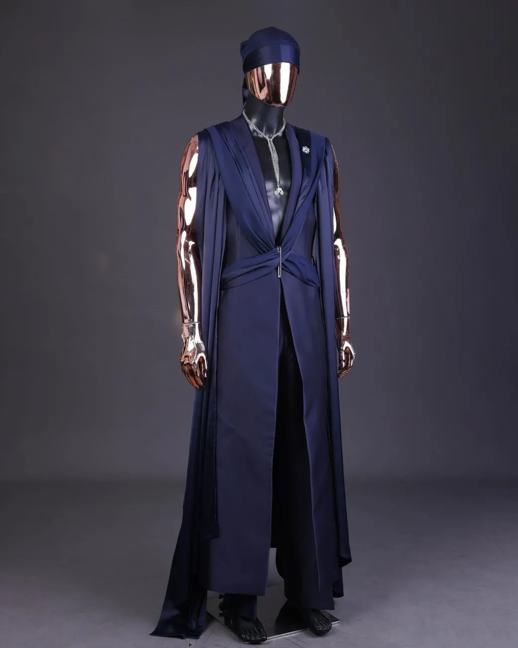 A “Mr Money” navy blue, deconstructed veil on trench silk peak lapel jacket