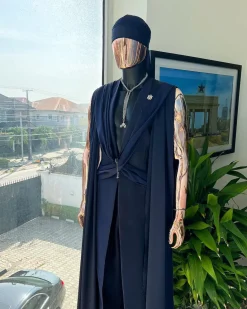 A “Mr Money” navy blue, deconstructed veil on trench silk peak lapel jacket