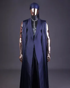 A “Mr Money” navy blue, deconstructed veil on trench silk peak lapel jacket