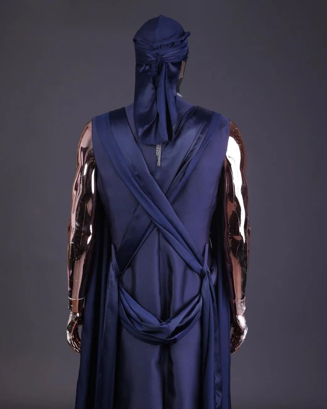 A “Mr Money” navy blue, deconstructed veil on trench silk peak lapel jacket