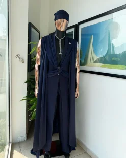 A “Mr Money” navy blue, deconstructed veil on trench silk peak lapel jacket