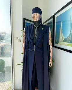 A “Mr Money” navy blue, deconstructed veil on trench silk peak lapel jacket