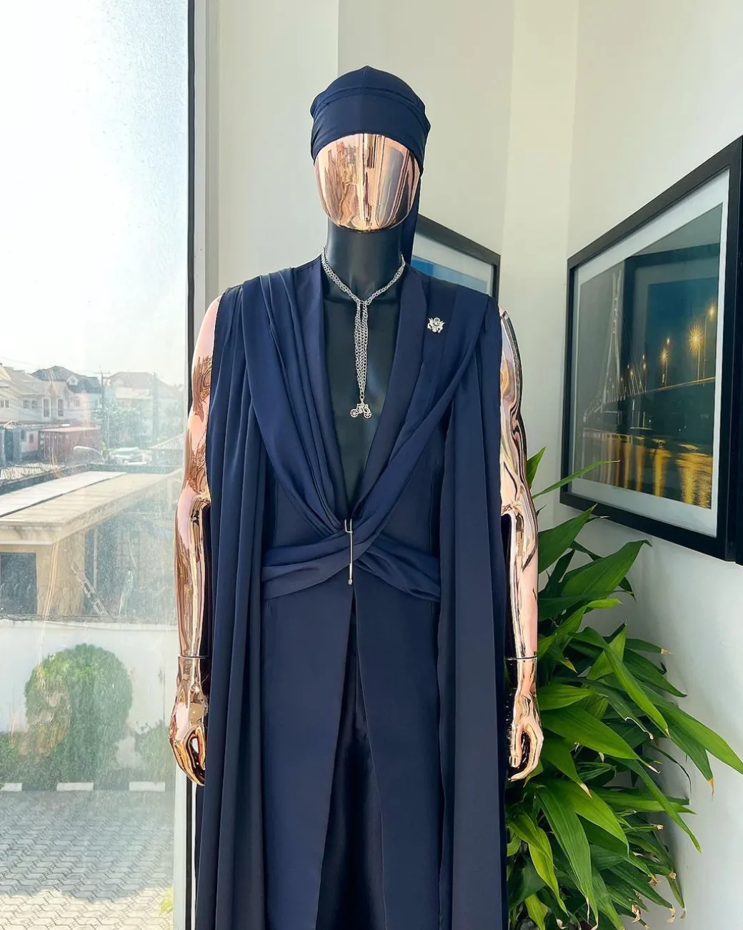 A “Mr Money” navy blue, deconstructed veil on trench silk peak lapel jacket