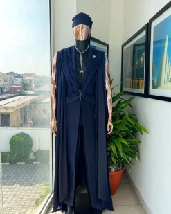 A “Mr Money” navy blue, deconstructed veil on trench silk peak lapel jacket