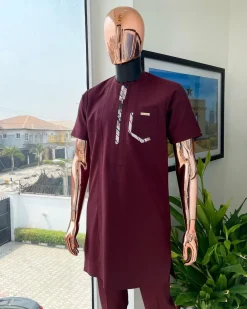 A mulberry burgundy, sport theme paisley flap & layered pocket detailing african traditional senator kaftan native.