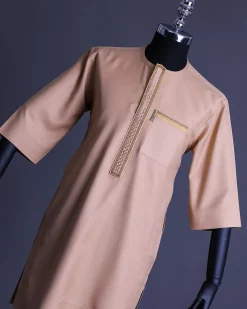 A Mustard brown, 3/4 Sleeve Kaftan, Spiral and Interwoven Embroidery Detailing African Traditional Senator Kaftan Native.