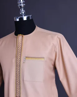 A Mustard brown, 3/4 Sleeve Kaftan, Spiral and Interwoven Embroidery Detailing African Traditional Senator Kaftan Native.