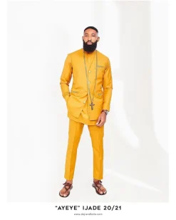 A Mustard Yellow front flap Kaftan, Gold Detailing Jacket with Zip