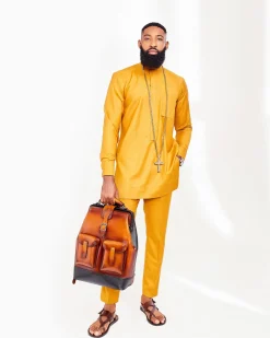 A Mustard Yellow front flap Kaftan, Gold Detailing Jacket with Zip