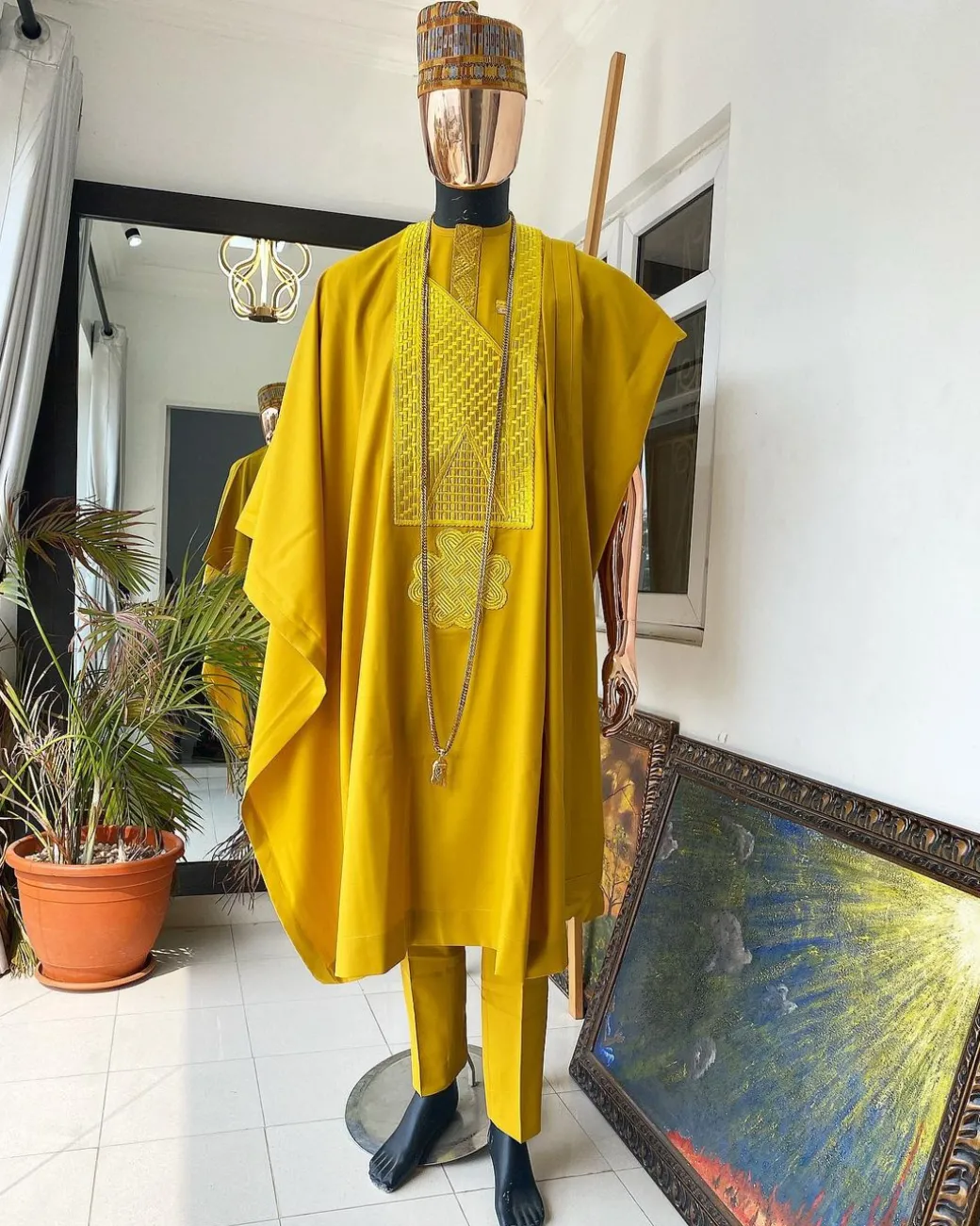 A Mustard Yellow With Connected Embroidery Agbada