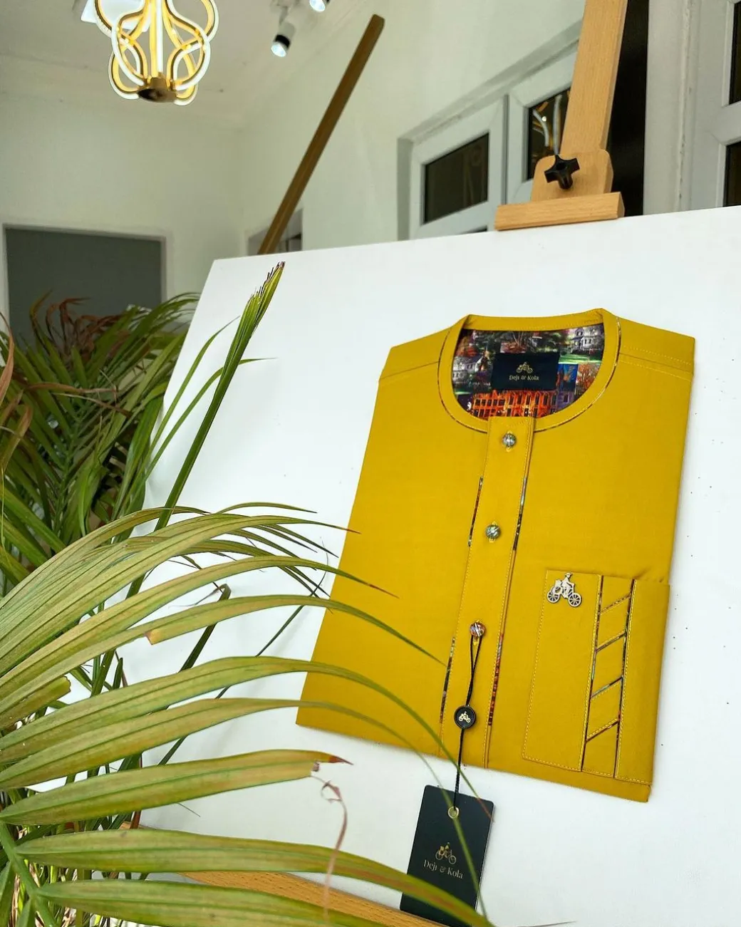 A Mustard Yellow with Swarovski button detailing African Kaftan and sokoto