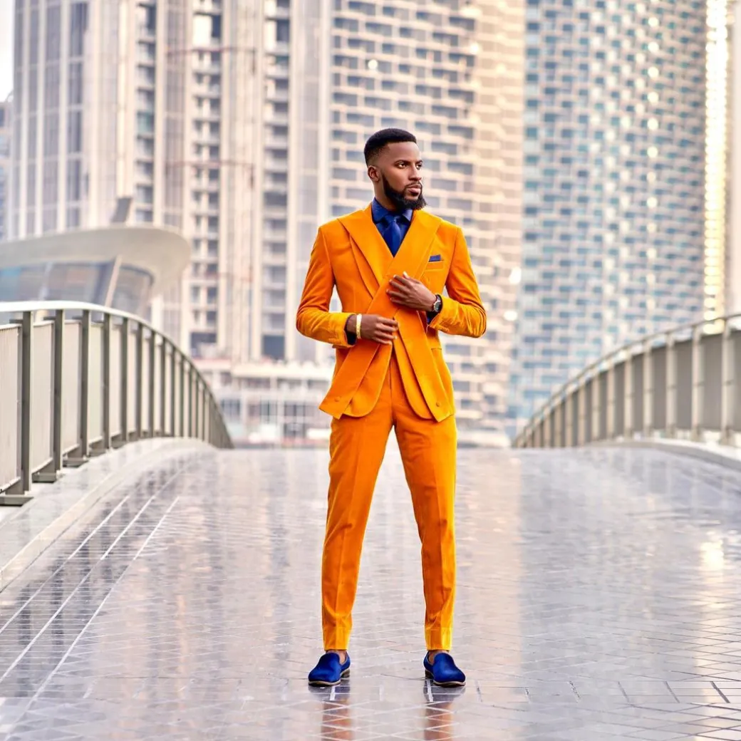 A Mustard yellow “X” one button Notch lapel suit